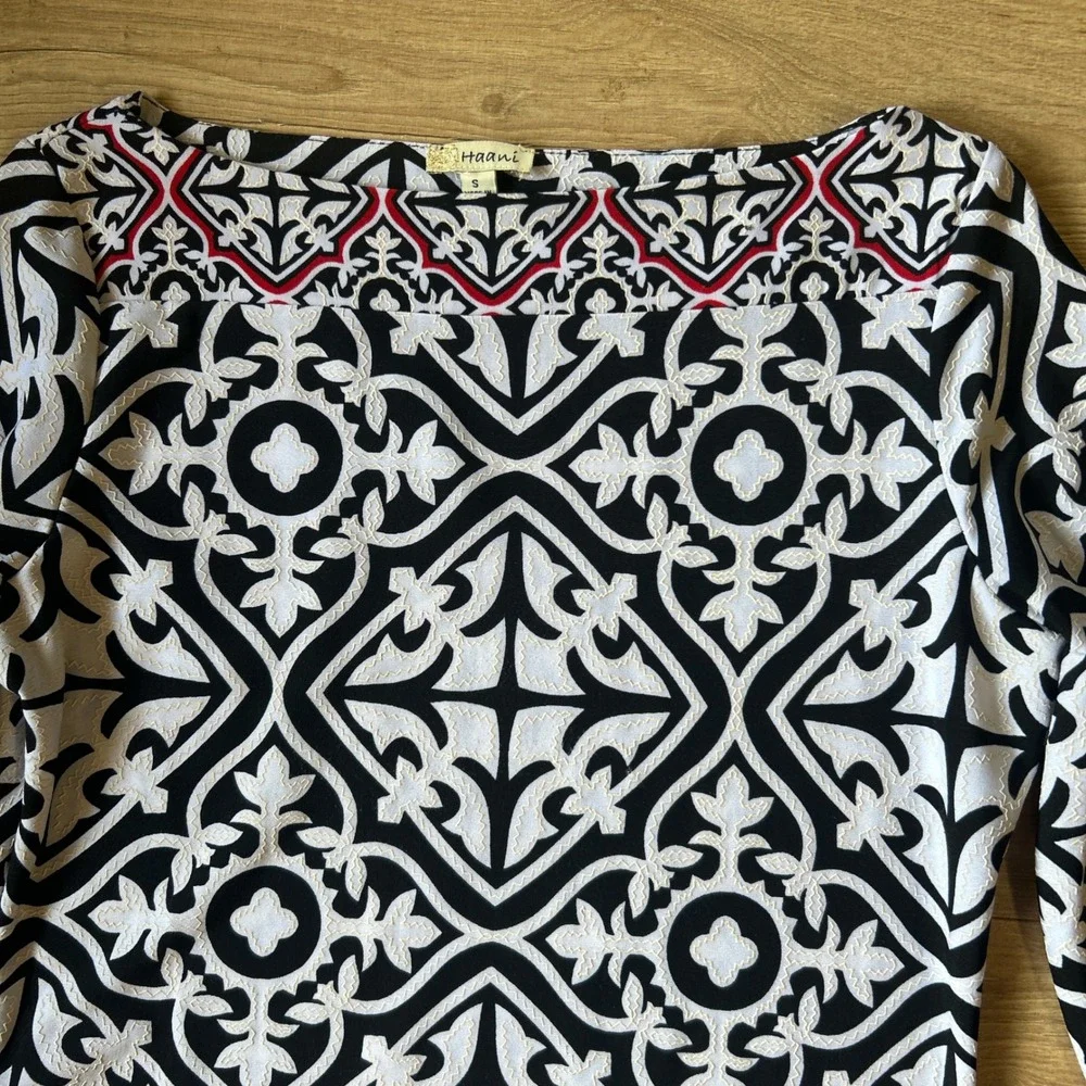 Haani Womens Black White Red Geometric Print‎ 3/4 Sleeve Dress